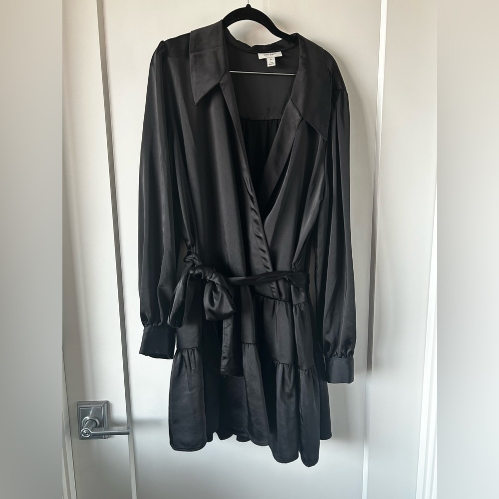 On 34th Black Satin Wrap Mini Dress
